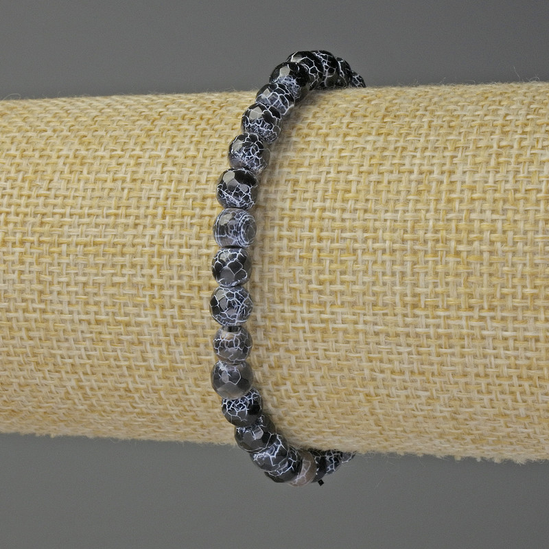 Black Fire Agate Bracelet with a Faceted Bead, 6 mm Diameter, 18 mm Length, Stretch