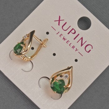 Xuping Earrings with White Rhinestones and Green Crystal, Diameter 11mm±, Length 16mm±, 18K Gold Plating