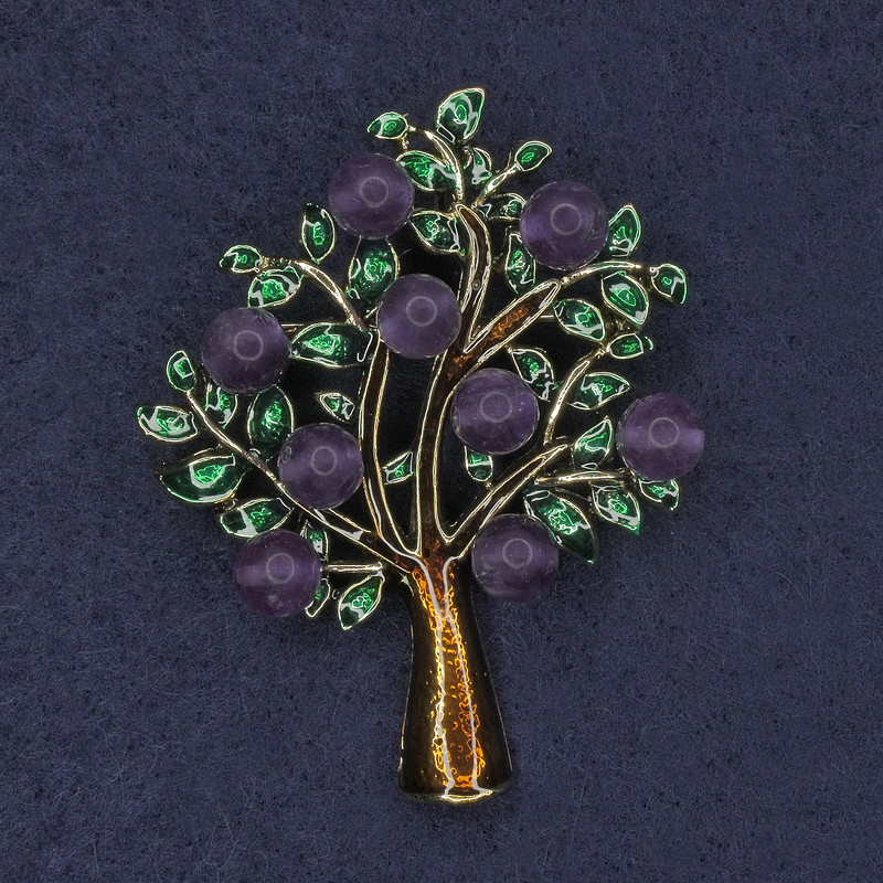 Tree Brooch-Pendant with Amethyst, Green and Brown Enamel, Gold-Tone Metal 45x55 mm+