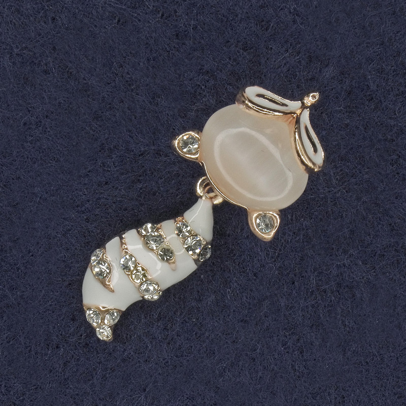 Fox Brooch with White Crystals, Cat's Eye Stone, White Enamel, Gold-Tone Metal 14x27mm+