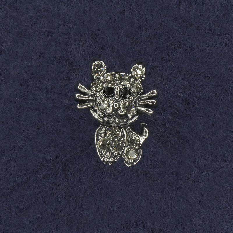 Cat Brooch with White and Black Crystals, Silver Metal 11x15mm+