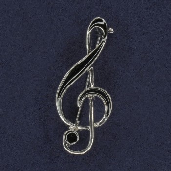 Brooch Treble Clef with Black Enamel Silver-Tone Metal 16x40 mm+