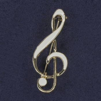 Brooch Treble Clef with White Enamel, Gold-Tone Metal 16x40mm+