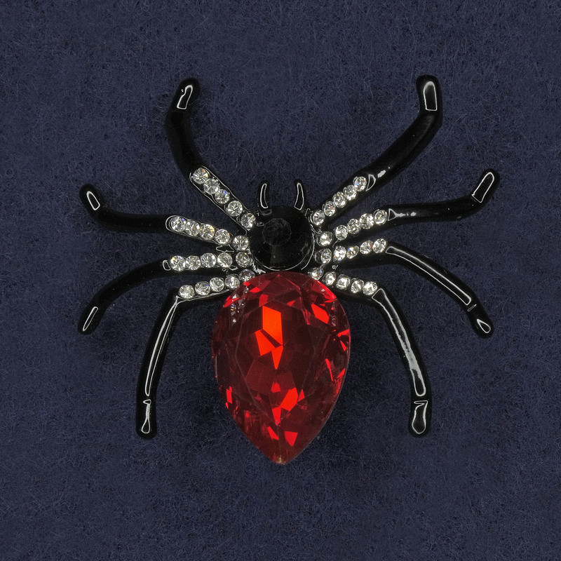 Spider Brooch with White Crystals and Red Crystal, Enamel, Black Metal 42×42 mm+