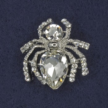 Spider Brooch with White Rhinestones, Silver-Colored Metal 26x26 mm+