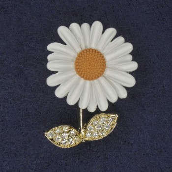 Brooch Daisy with white crystals, white and yellow enamel, golden metal 39x32mm+