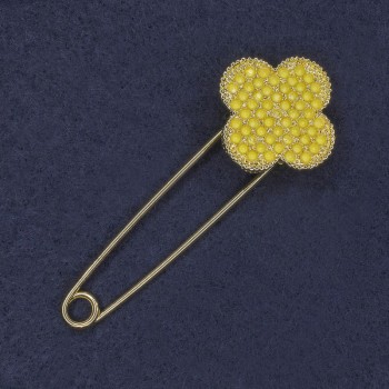 Clover Brooch with Yellow and White Crystals, 27×75 mm, gold-tone metal