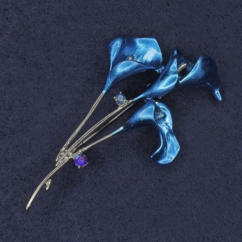 Calla Brooch with Crystals, Blue Enamel, Silver-Tone Metal, 35×60 mm+