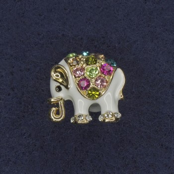 Elephant Brooch with White Enamel and Rhinestones, Gold-Tone Metal 16x15 mm+