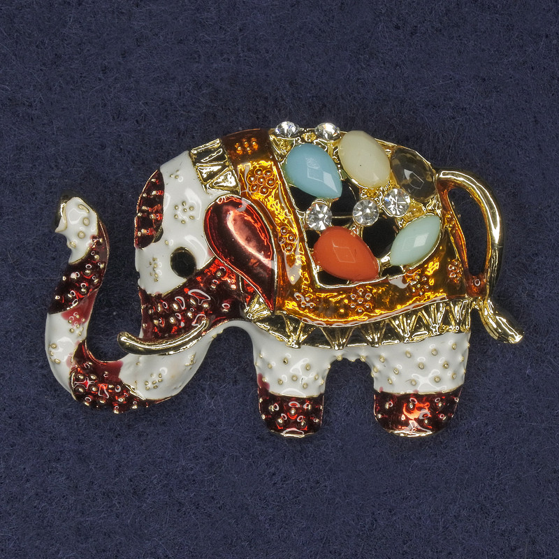 Elephant Brooch with Crystals and Assorted Stones, Enamel, Gold-tone Finish, 40x28 mm+