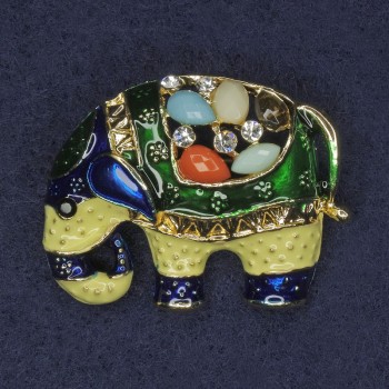 Elephant Brooch with Crystals and Assorted Stones, Enamel, Golden Metal Color 35x26 mm+