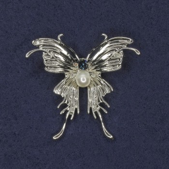 Butterfly Brooch with Blue Crystal and Pearl, Silver-Colored Metal, 40x44mm+