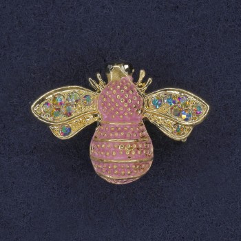 Bee Brooch Pink Enamel with Rainbow Crystals Gold-tone Metal 22×30 mm+