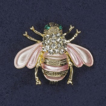 Brooch 'Bee' with Pink Enamel and White and Green Crystals, Golden Metal, 25x30mm+