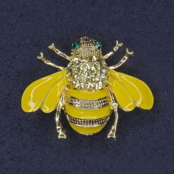 Bee Brooch yellow enamel white and green crystals gold-tone metal 25×30 mm+