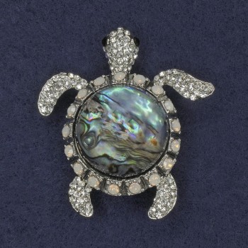 Brooch Pendant Turtle Haiotis with Crystals, Silver Metal 45x50mm+