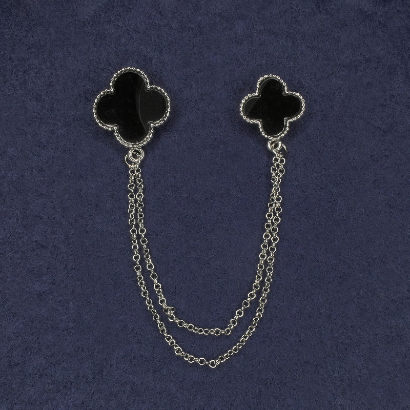 Brooch for cardigans, black enamel, diameter 22 mm +-, diameter 18 mm +-, silver metal chain, length 12 cm+-