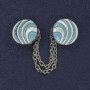 Brooch clasp for cardigans, white and blue enamel on silver-toned metal, diameter 20 mm, chain length 9 cm+