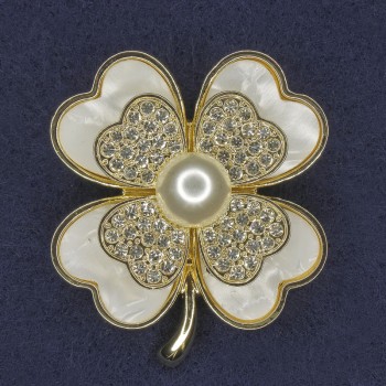 Brooch Clover with White Rhinestones and Pearl