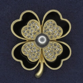 Shamrock Brooch with White Crystals and Gray Pearl, Black-Gold-Tone Metal, 38×45 mm +