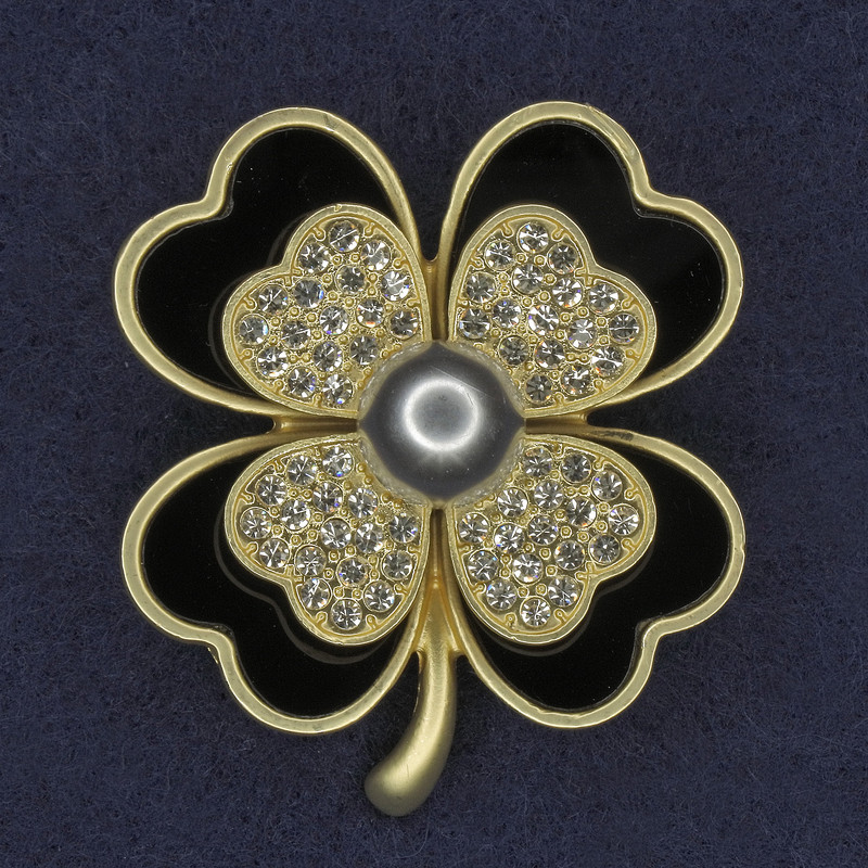 Shamrock Brooch with White Crystals and Gray Pearl, Black-Gold-Tone Metal, 38×45 mm +
