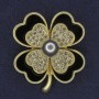Shamrock Brooch with White Crystals and Gray Pearl, Black-Gold-Tone Metal, 38×45 mm +