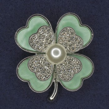 Shamrock Brooch with White Crystals, White Pearl, Lime Pearlescent, Silver-Tone Metal, diameter 38x45 mm +