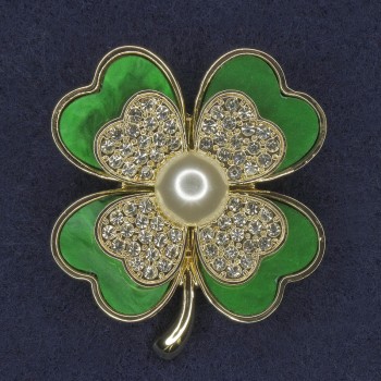 Shamrock Brooch with White Rhinestones, White Pearl, Green Pearlescent, Gold-Tone Metal, Diameter 38×45 mm +