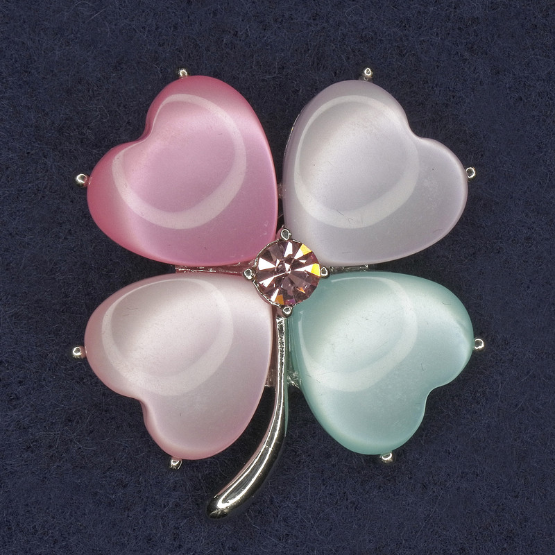 Four-leaf Clover Brooch with Multicolored Cat's Eye and Pink Crystal in Silvery Metal, Diameter 36×40 mm +