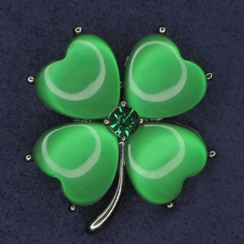 Shamrock Brooch with Green Cat's Eye Crystal, Silvery Metal, Diameter 36×40 mm +