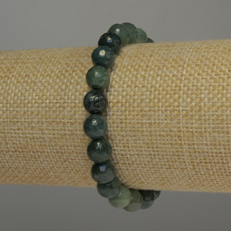 Green Jasper Bracelet with Faceted Beads, 8 mm Diameter, 18 cm Length, Stretch