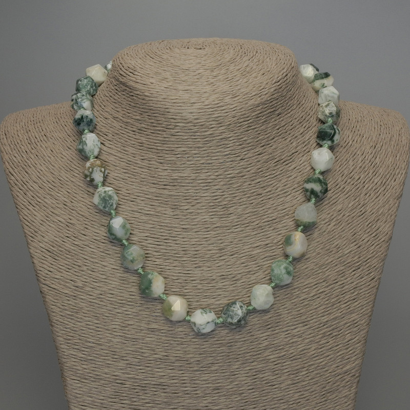 Moss Agate Necklace with Faceted Beads, diameter 12x10 mm ±, length 50 cm ±