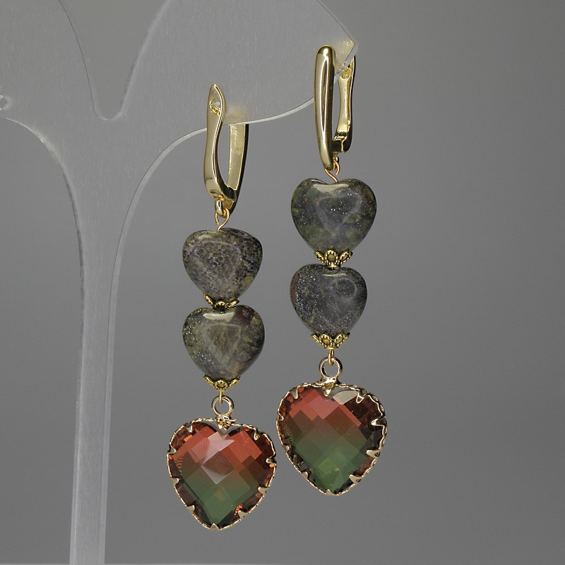 Jasper Heart Earrings with 12mm and 16mm Hearts, Length 53mm
