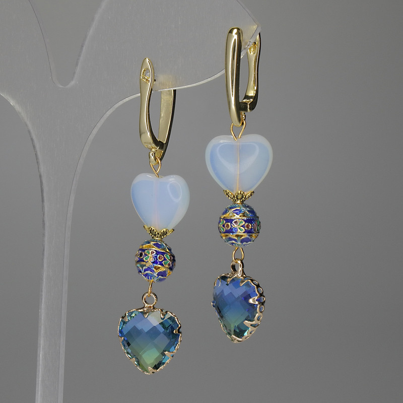 Moonstone Heart Earrings — 10mm ±, Cloisonné 8mm ±, Heart 12mm ±, Length 55mm ±