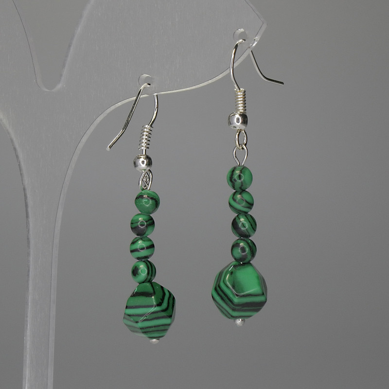 Earrings Malachite, Faceted 8 mm +-, smooth ball 4 mm +-, length 46 mm+-