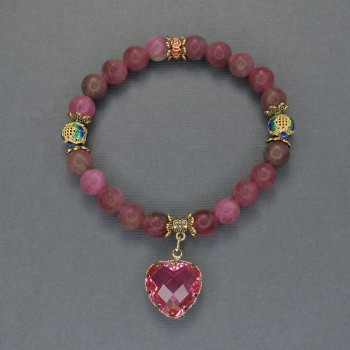 Tourmaline Bracelet with Smooth Round Beads, 8 mm Diameter, Cloisonne Beads with Metal Inlays and a Pendant, 18 cm Length (Stretch)