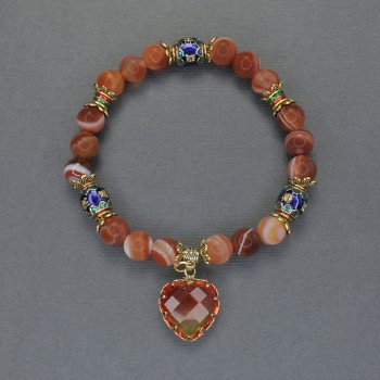 Orange Agate Bracelet with Smooth Beads, 8 mm Diameter, Cloisonné 10×8 mm, 18 cm Stretch