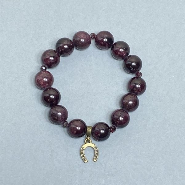 Garnet Bracelet with Smooth Beads, 12 mm Diameter; Faceted Beads 4 mm; with Metal Inlay, Length 18 cm Stretch