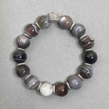 Botswana Agate Bracelet – smooth 12mm beads, with metal inserts, 18 cm stretch