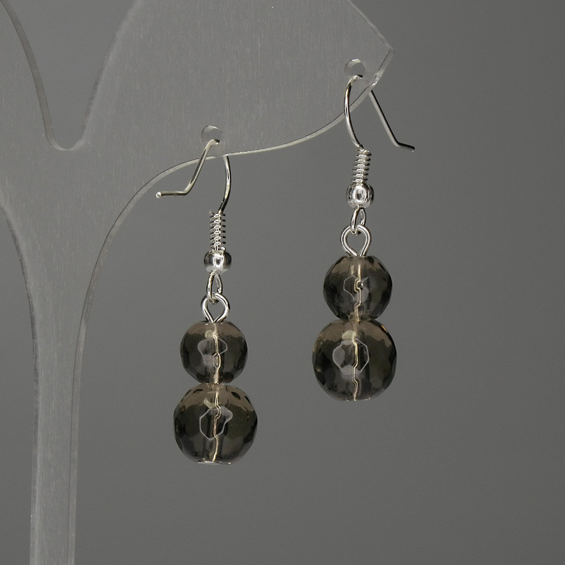 Smoky quartz faceted bead earrings, 8–10 mm, length 38 mm