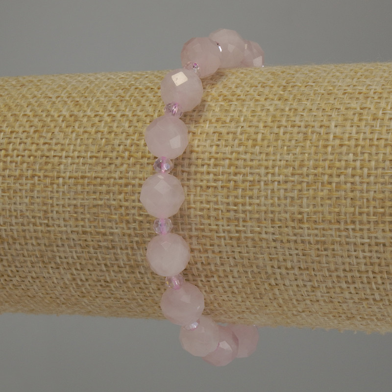 Bracelet with pink quartz beads, 8 mm diameter; rock crystal rondelles 3.5×3 mm; 18 cm stretch