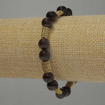 Garnet bracelet with smooth beads, 8 mm diameter, with metal inlays, 18 cm stretch