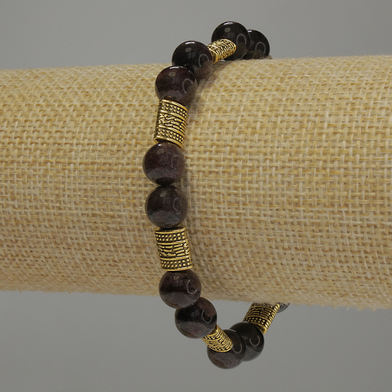 Garnet bracelet with smooth beads, 8 mm diameter, with metal inlays, 18 cm stretch