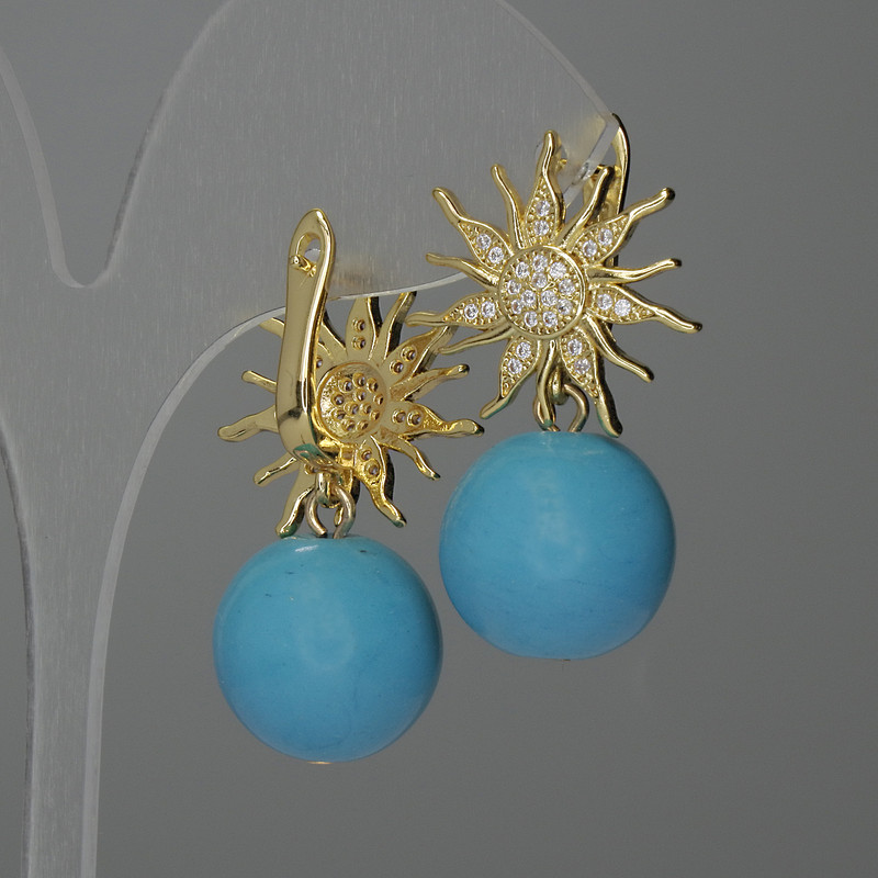 Earrings Imitation Turquoise Ball, 15mm diameter ±, 24mm length ±