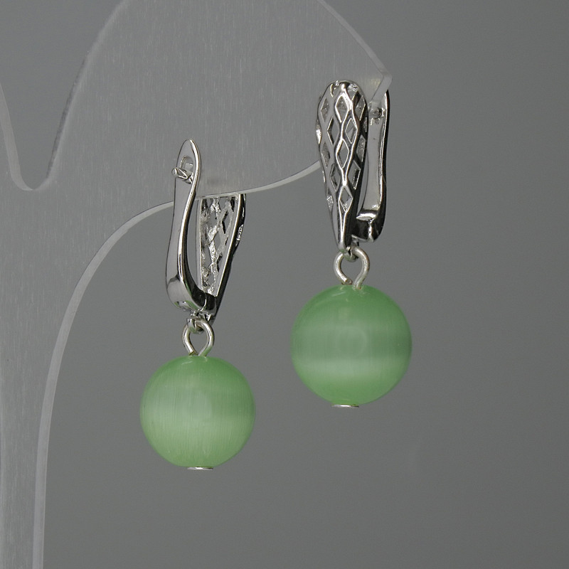 Cat's Eye Bead Earrings, Green, 12 mm Bead, Length 31 mm