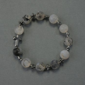 Bracelet 'Dragon Vein Agate' with 10mm beads, Hematite crosses 6x6mm and 14x10mm, 18 cm stretch