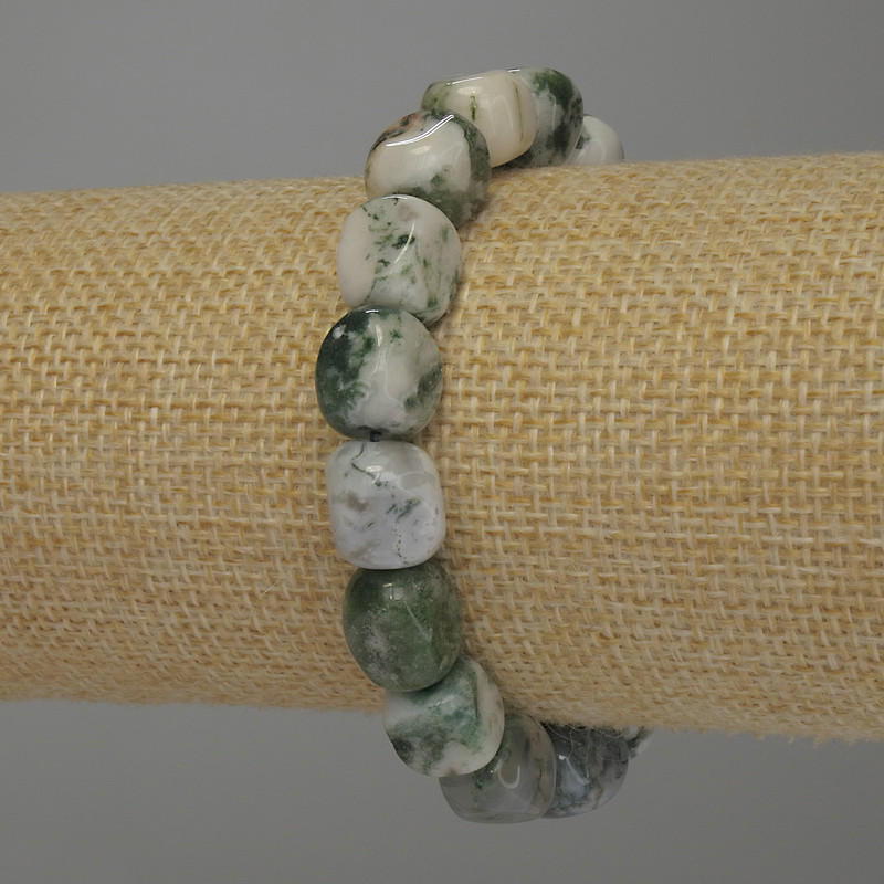Moss Agate Bracelet, Faceted, 11×8 mm, 18 cm Length, Elastic
