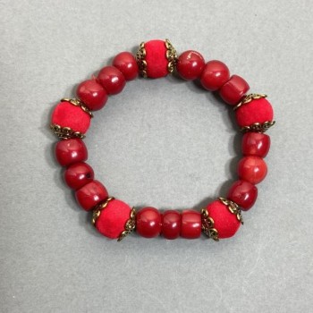 Coral Bracelet with Faceted Beads 9x10mm ± Rowan Berry Bead 12mm ± with Metal Accents, Length 18cm ± Stretch