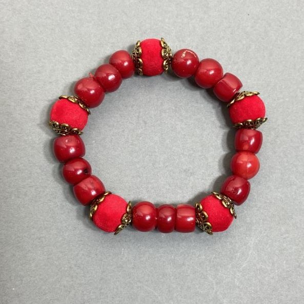 Coral Bracelet with Faceted Beads 9x10mm ± Rowan Berry Bead 12mm ± with Metal Accents, Length 18cm ± Stretch