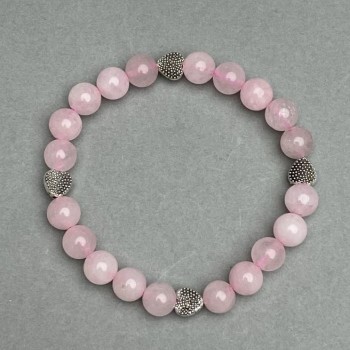 Pink Quartz Bracelet with Smooth Beads, 8 mm Diameter, with Metal Accents, 18 cm Length, Stretch